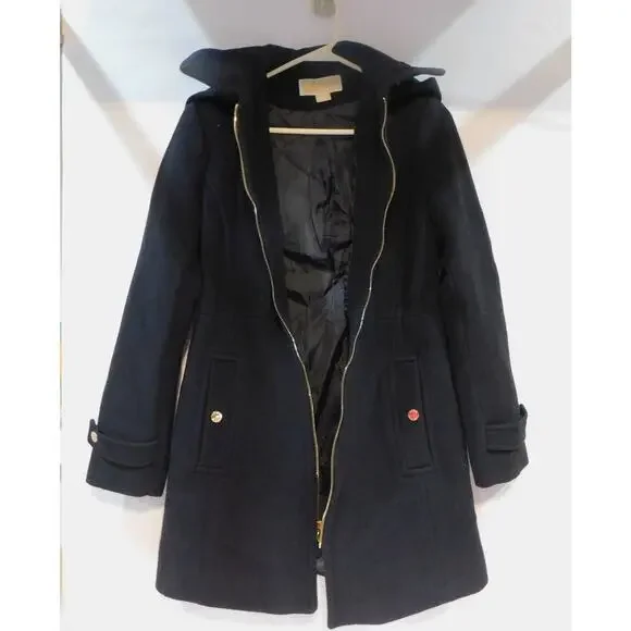 Michael Kors Women Black Trench Coat Wool Blend Jacket Removal Hood Jacket Small - Picture 4 of 12